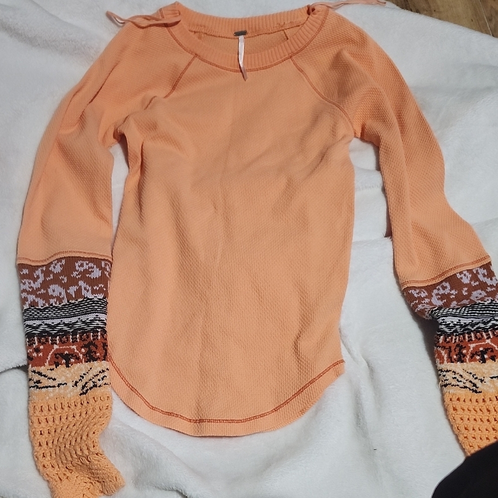 Free People Orange and Multicolor Knit Sweatshirt